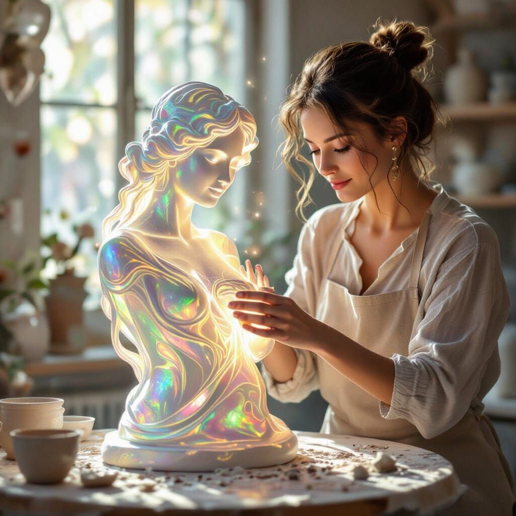  A skilled potter, illuminated by the ethereal glow of their creation, shapes a female sculpture out of a block of clay. The female, crafted...