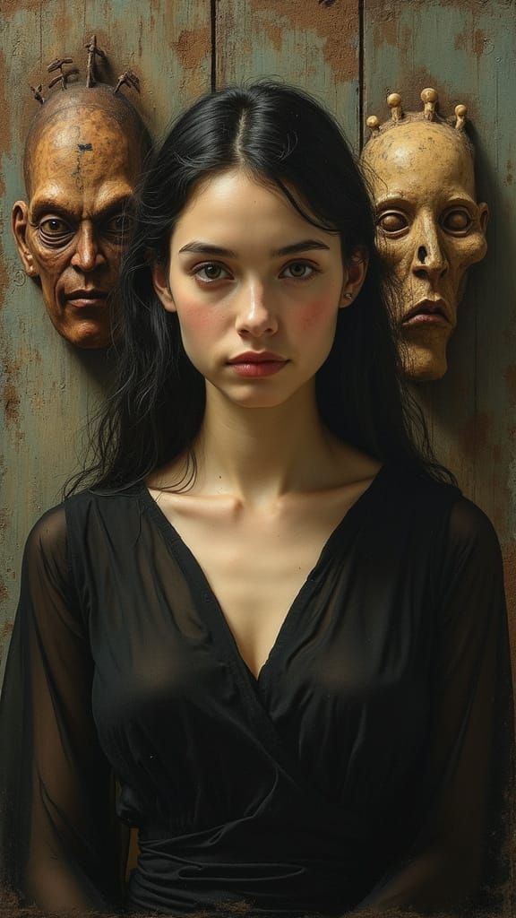 A painting of a woman with a gentle expression standing
behind a series of objects. The background contains a ritualistic mask and a disfigu...