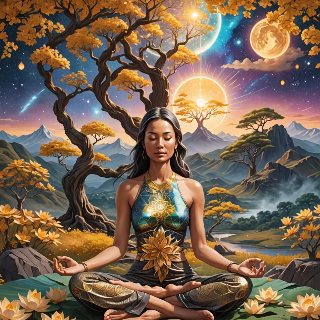 woman in full lotus  meditating under a tree. In yoga cloths. Halter top. Mountain in the background. Golden flowers aro...