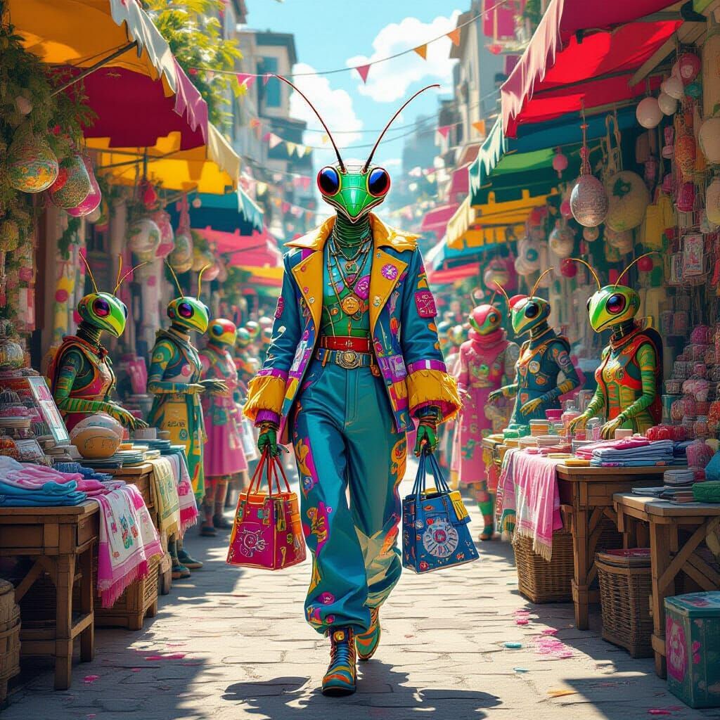 a portrait of a mantis-based alien wearing a vibrant mod outfit while shopping in an alien second hand ...  by @Twinkletoast