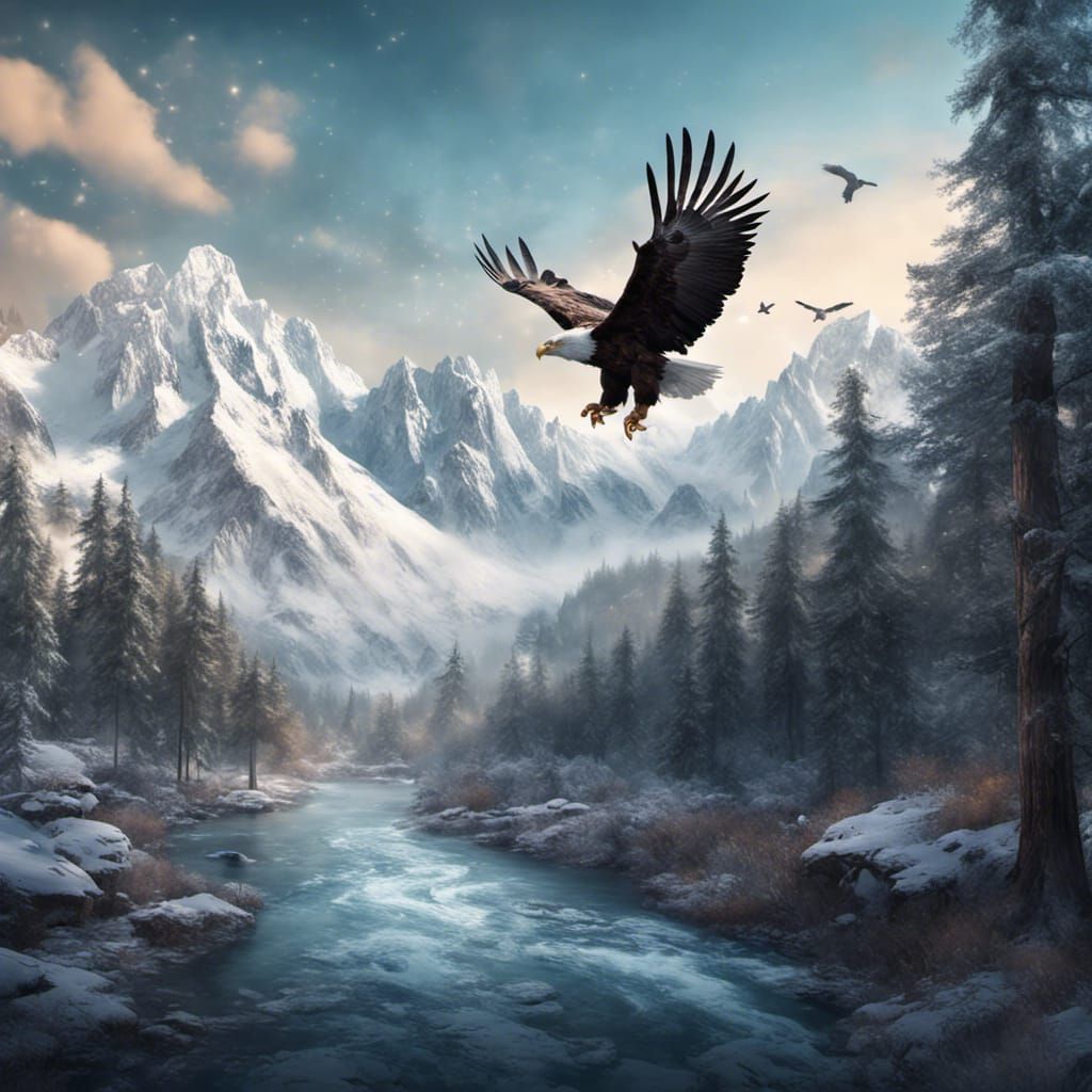 Snow Covered Mountains with a Beautiful Eagle   by @Heather