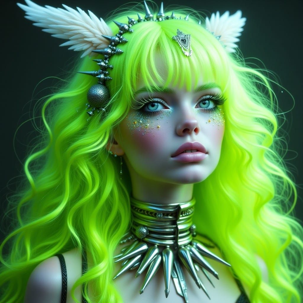Cyberpunk Goddess with Electric Lime Hair and Gothic Halo
