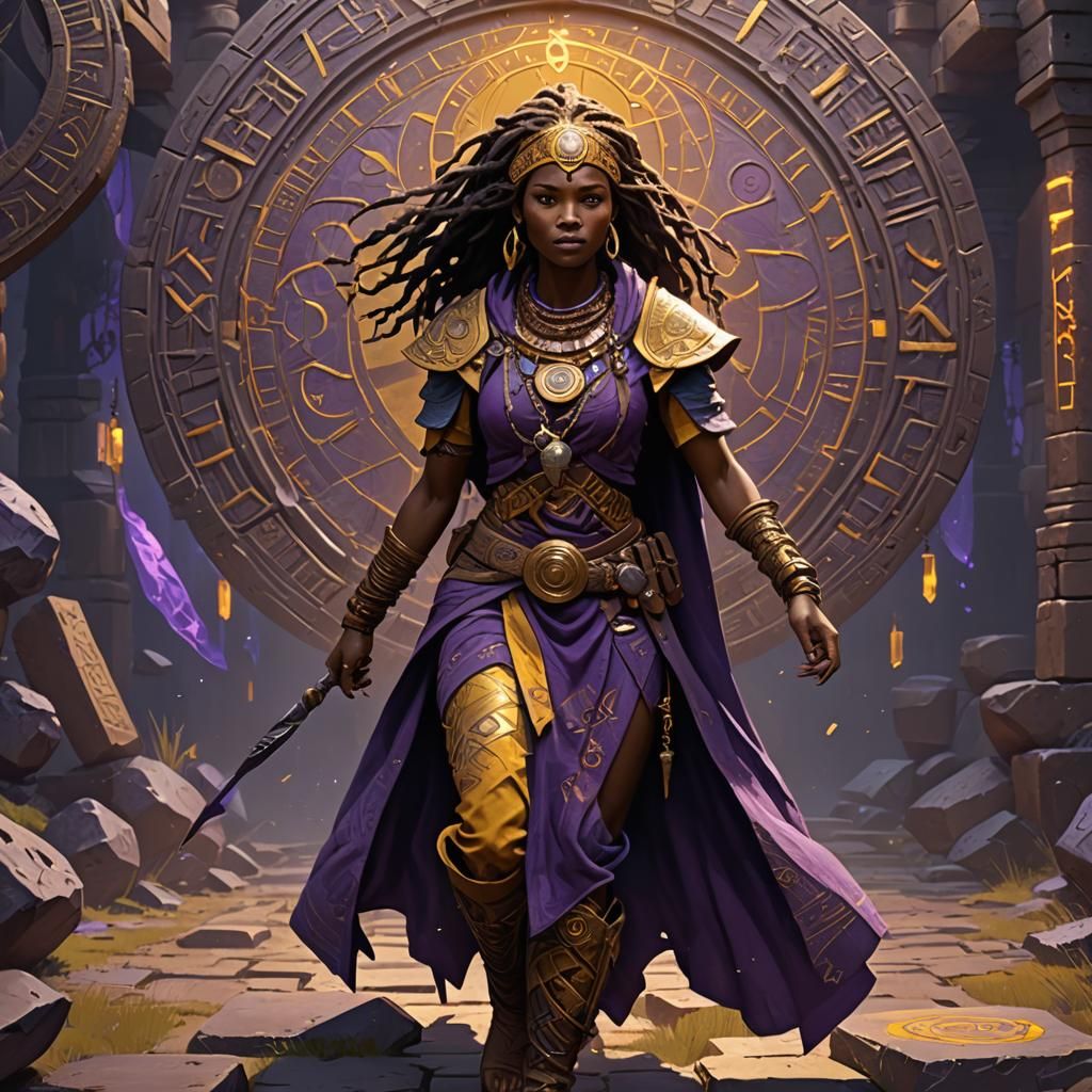 African Female werepather walking through Ancient Runes a ma...