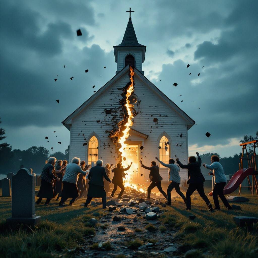 An old country church is splitting in half. On one side of the church, standing among the old tombstones of the church cemetery, is a group ...