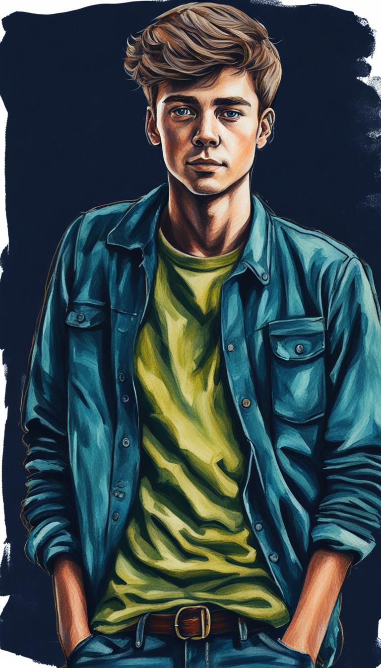 hand drawing of a young man with his hands in his pockets, 8...