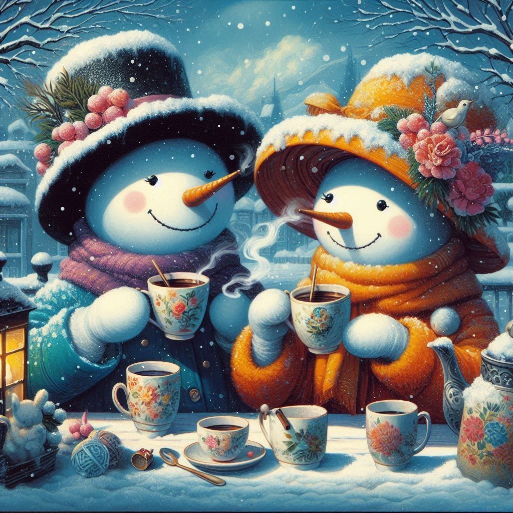 two Snowmen drinking tea