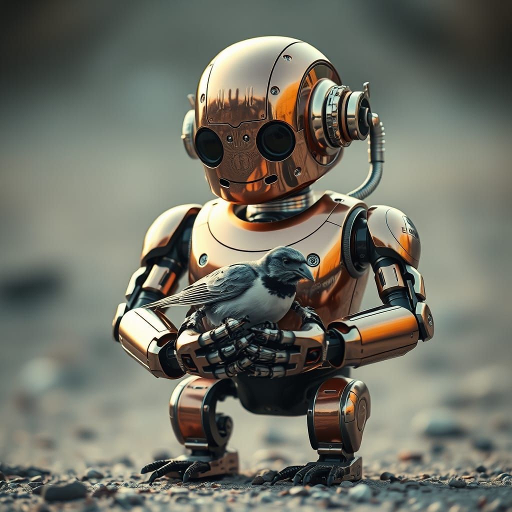 Retrofuturism illustration. A seemingly cold, metallic robot cradles a wounded bird in its hands. The ...  by @FlibbertyGibbitt