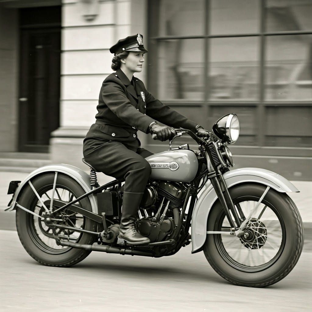 woman police officer riding a 1930's Harley Davidson motorcycle, black and white photo  by @Joel S