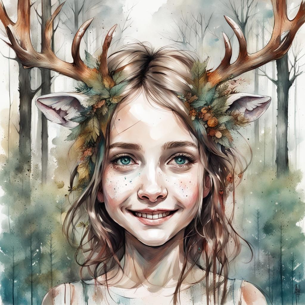 Cute happy smiling girl hybrid with deer antlers and deer ears in a ...