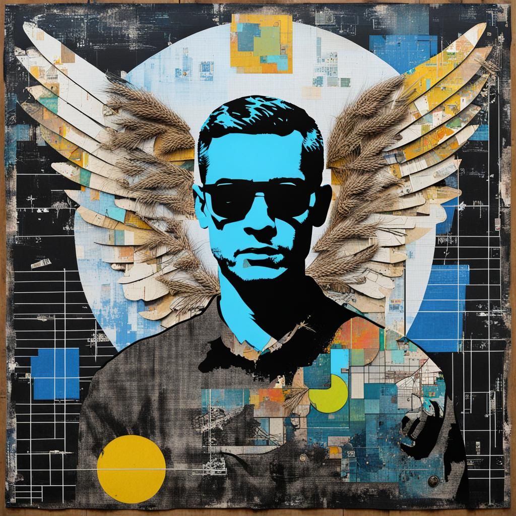 a mixed media patchwork  portrait of  Angel   computer progr...