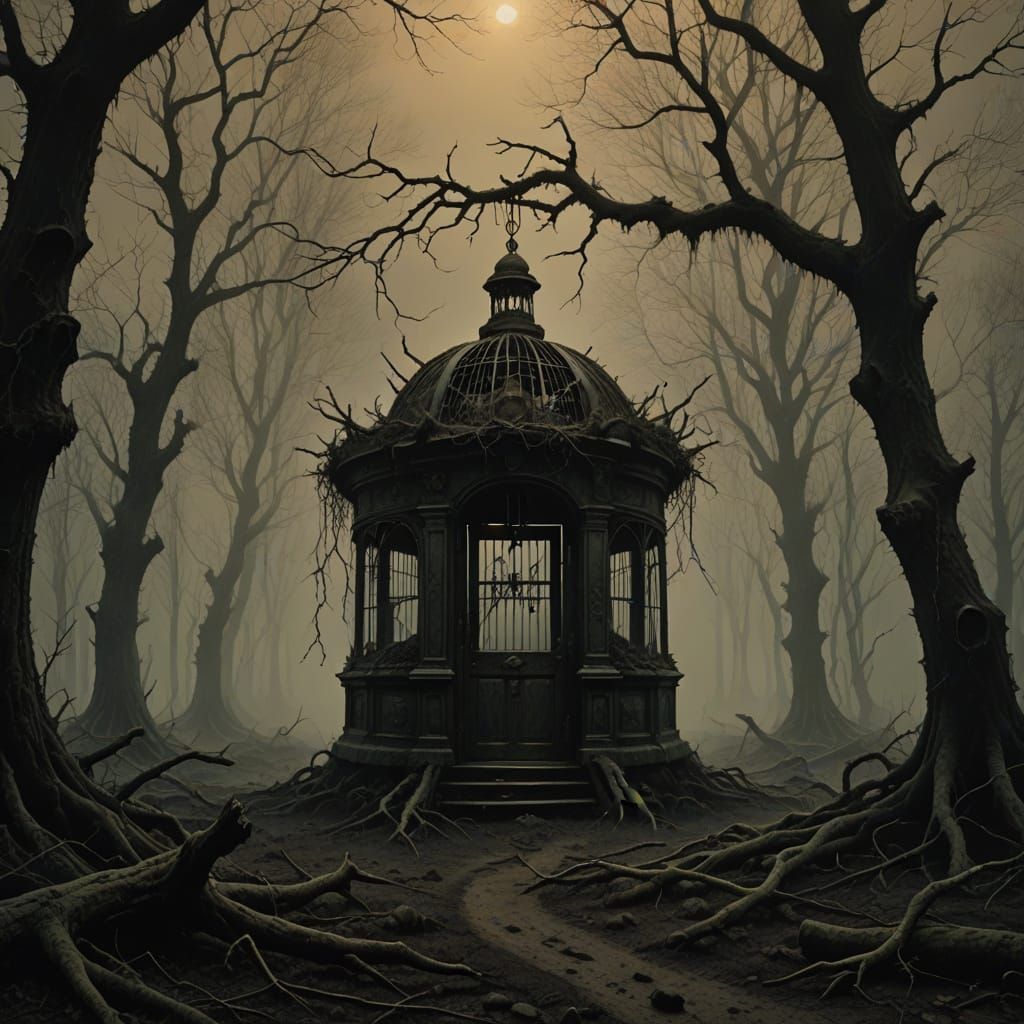 Photograph.Wide shot.Foggy Forests. A dark fantasy landscape featuring a dense forest where the fog is unnaturally thick, obscuring everythi...