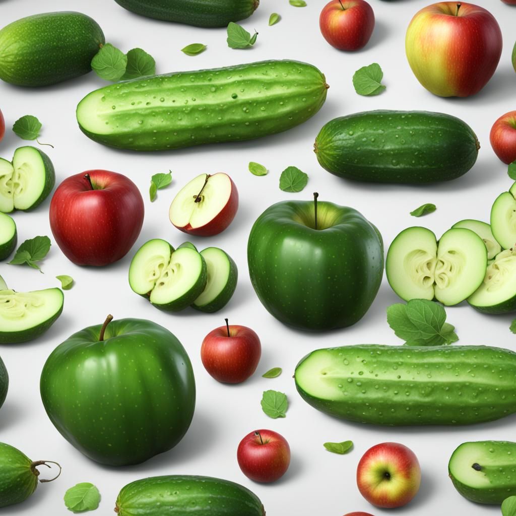 Cucumber and Apple in Detailed Matte Painting