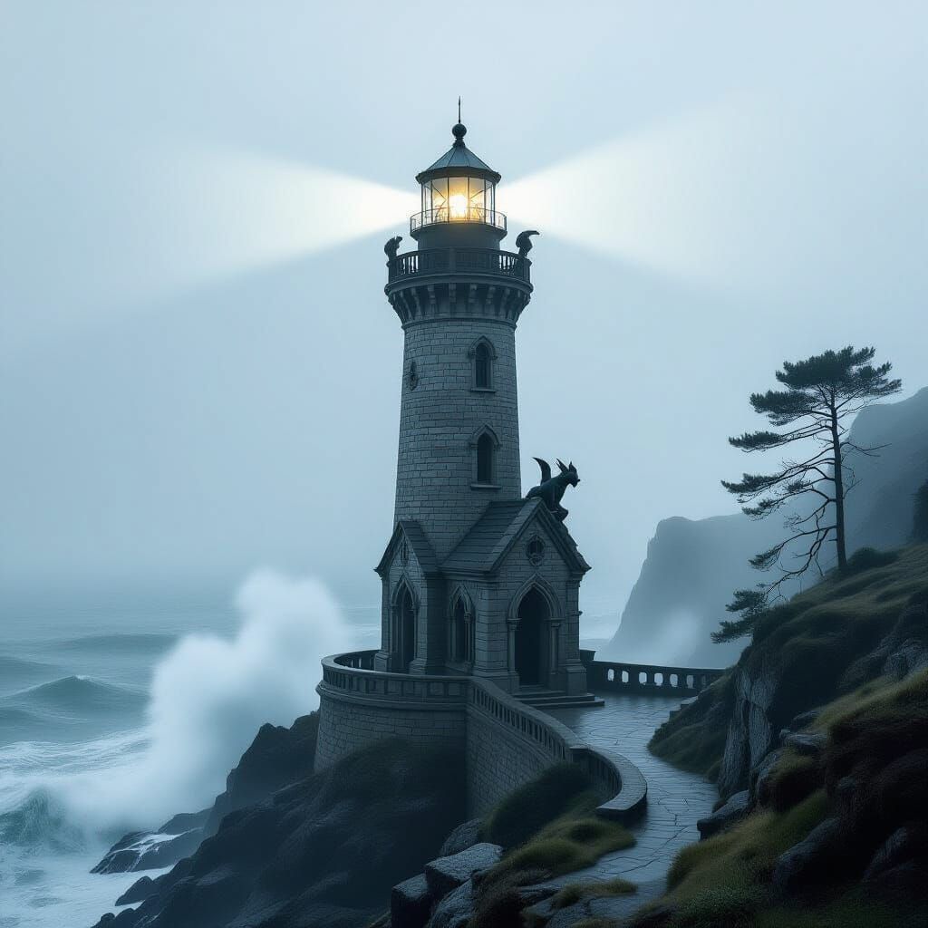 Gothic Lighthouse in Foggy Storm, Hyperrealistic Style