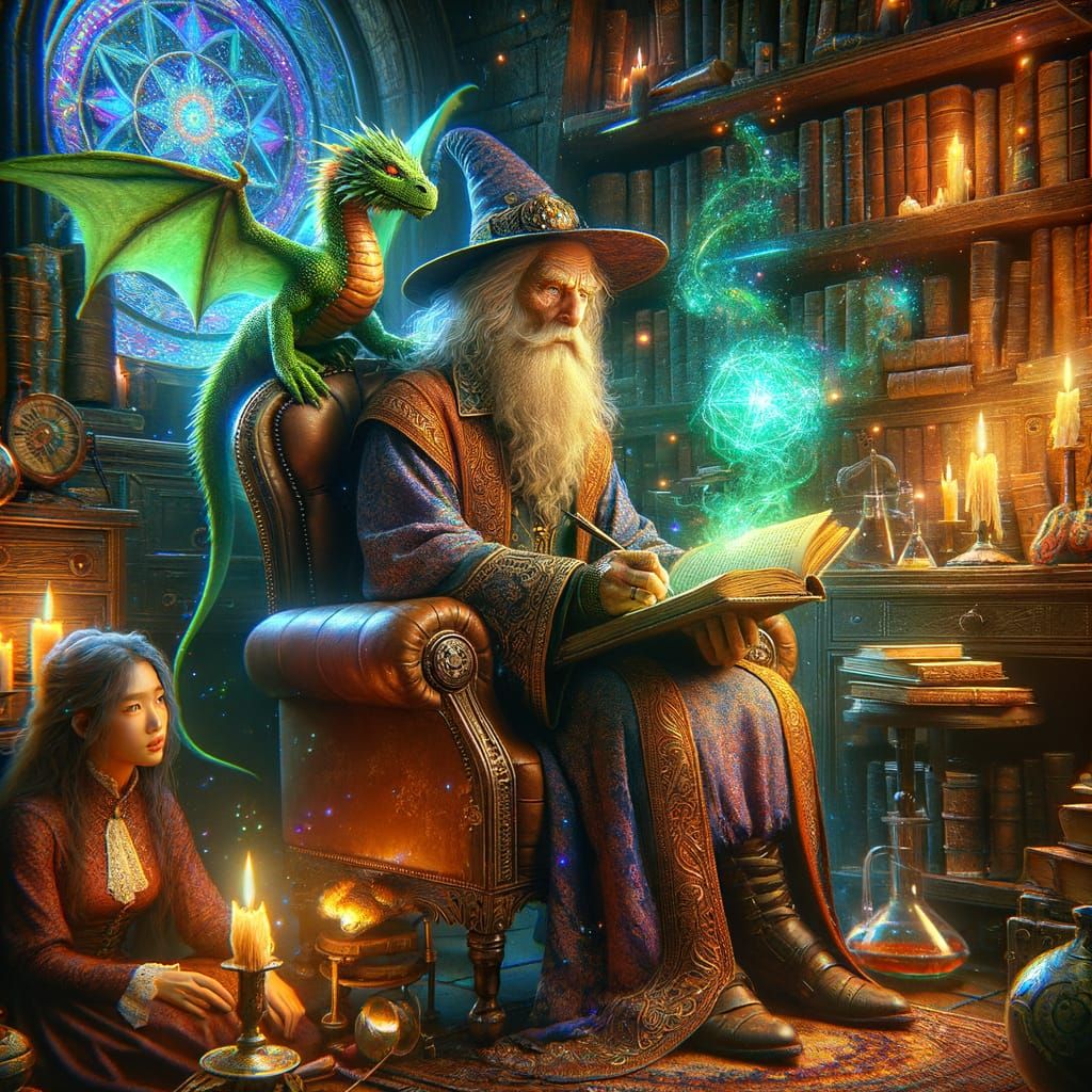 A grizzled old wizard scribes a new spell into his thick leather bound spellbook. He sits in a comfortable Victorian leather armchair inside...