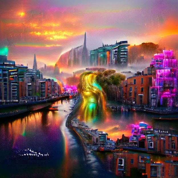 a golden cyberpunk Dublin Ireland at sunset during fall fill...