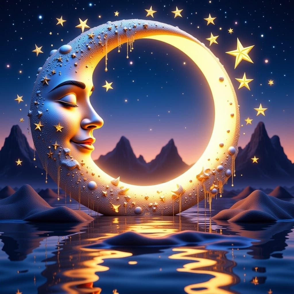 <lora:Celestial Smiles:1.0> The moon and her friends the stars are covered in jewels shining as they gaze at each other with warm smiles ove...