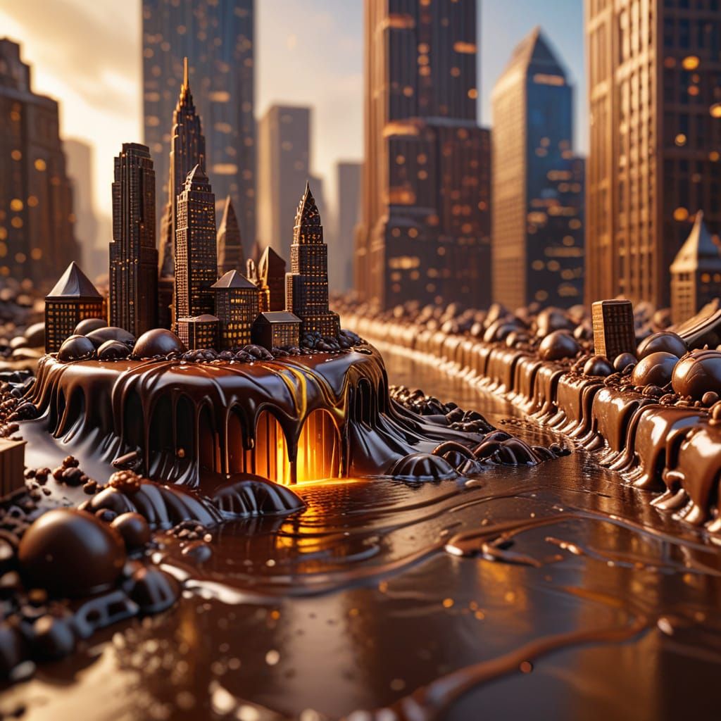 Food photography. A chocolate cityscape with towering skyscrapers and intricate details, all made of ...  by @kirra-anne-ramirez