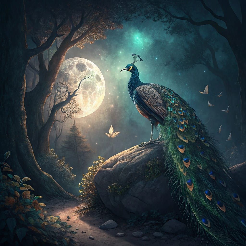 A beautiful peacock in a Moonshine Forest.orest  by @Gabe Fox