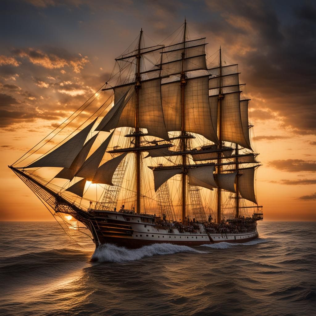 Tall ship sailing into dawn, majestic atmosphere, coast at t...