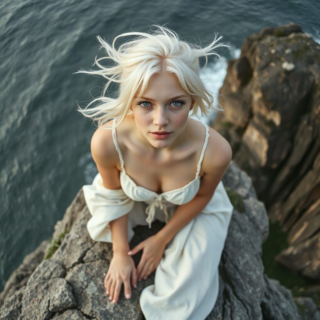 Albino Woman on Cliffs Overlooking Gray Sea