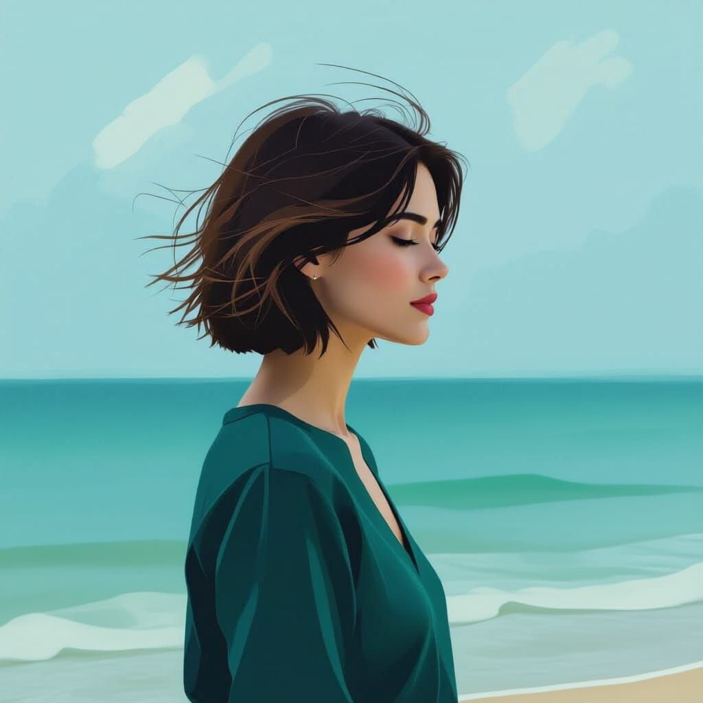 Молодая женщина стоит у моря, полоуоборот, лицо не видно. У неё каштановая стрижка «боб», ветер мягко развевает её волосы. Изображение выпол...