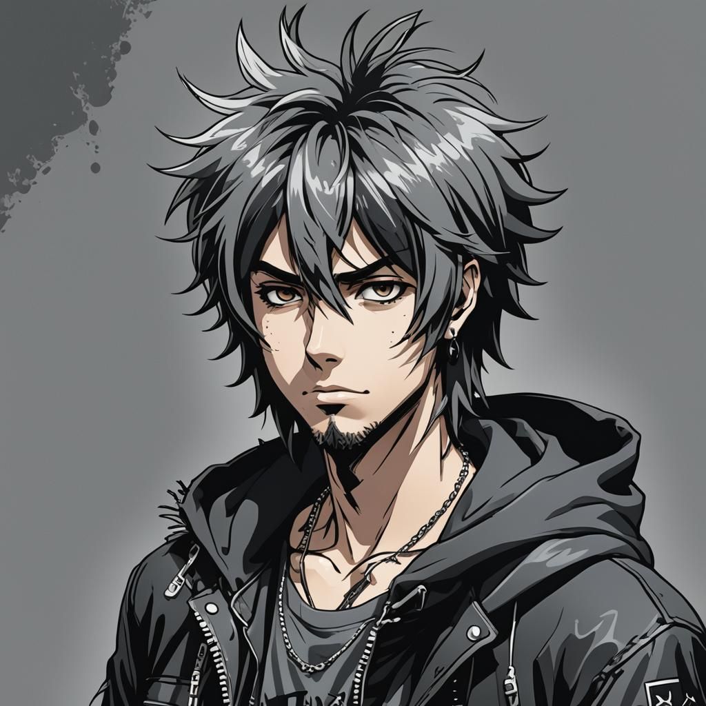 2000s rocker shaggy hair emo black and grey