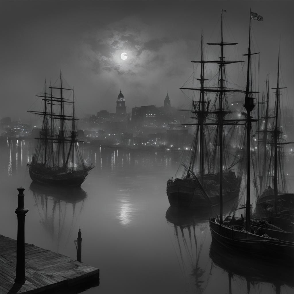 Baltimore Inner Harbor at night in the time of Poe as seen f...