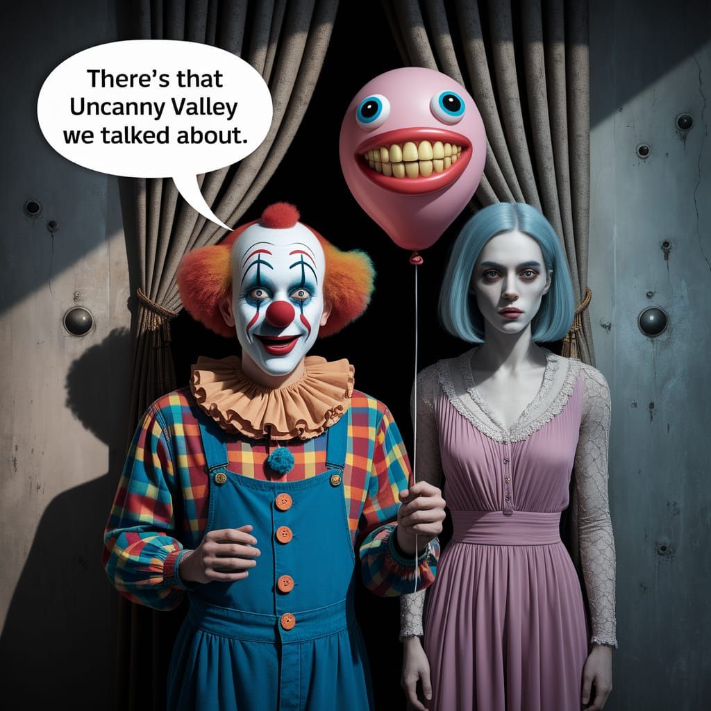 caption bubble from a clown: "there's that uncanny valley we talked about" cursed photo, unsettling, uncanny valley. clown and manican. 