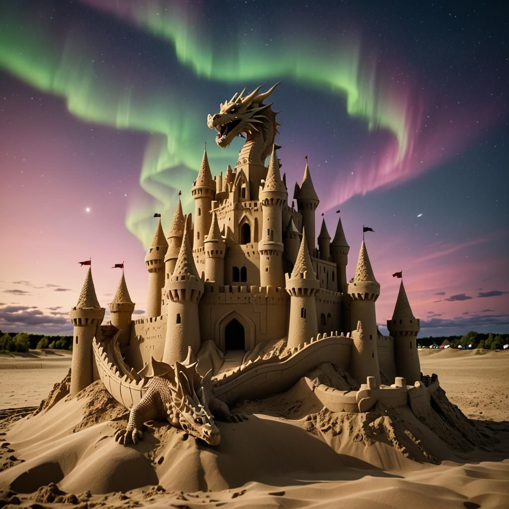 large sand castle with a moat an a dragon made of sand flyin...