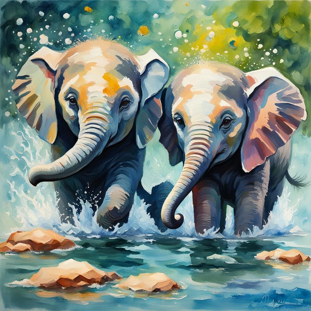 baby Elephsnts having fun  in the water