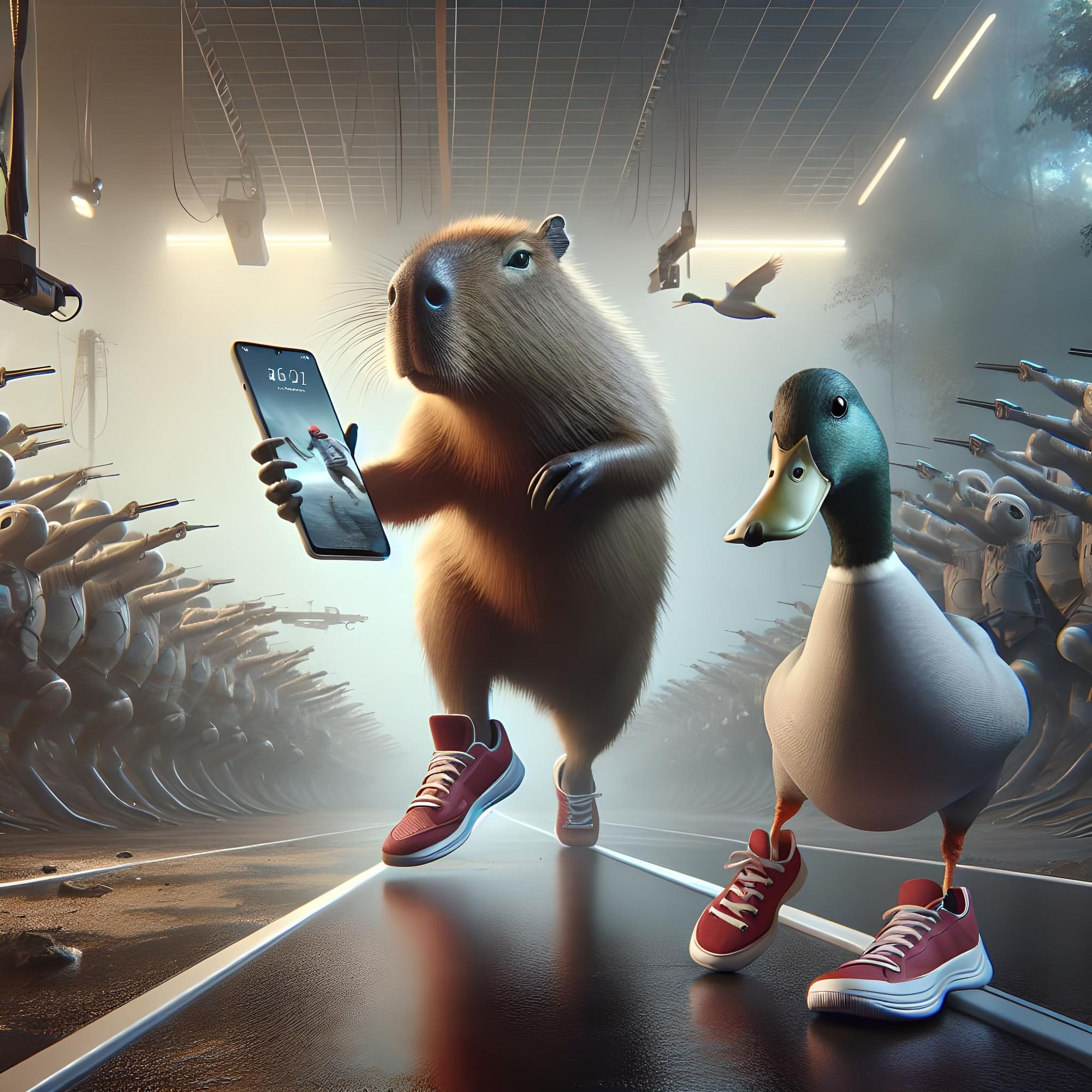 "Photographic portrait of capybara and duck running a marathon in red sneakers using a modern smartphone, 8k resolution, ground level shot,...