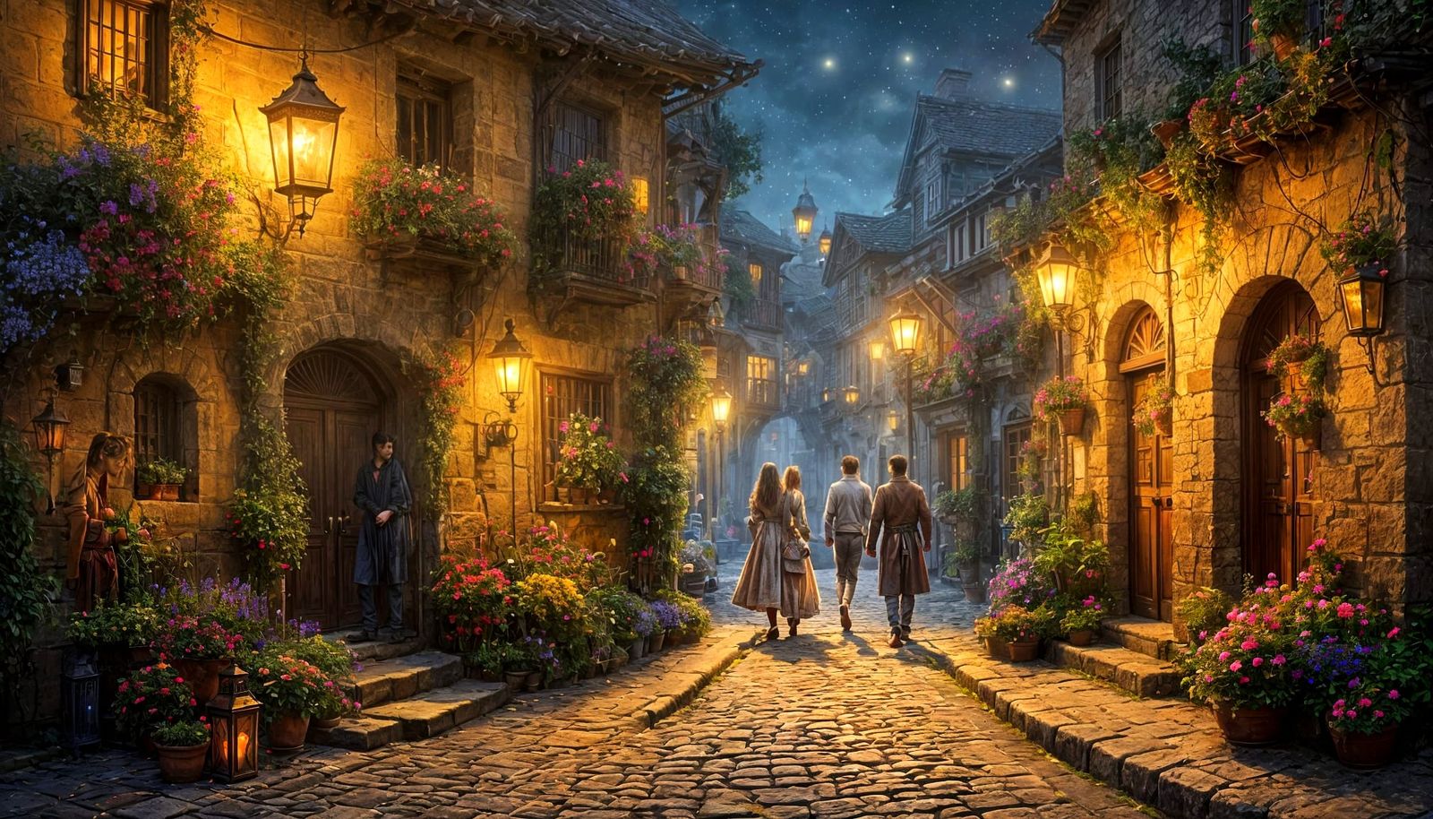 Two bohemian artists, walking arm in arm at night, along yellowish cobblestone alleys, under the dim ...  by @Carlos