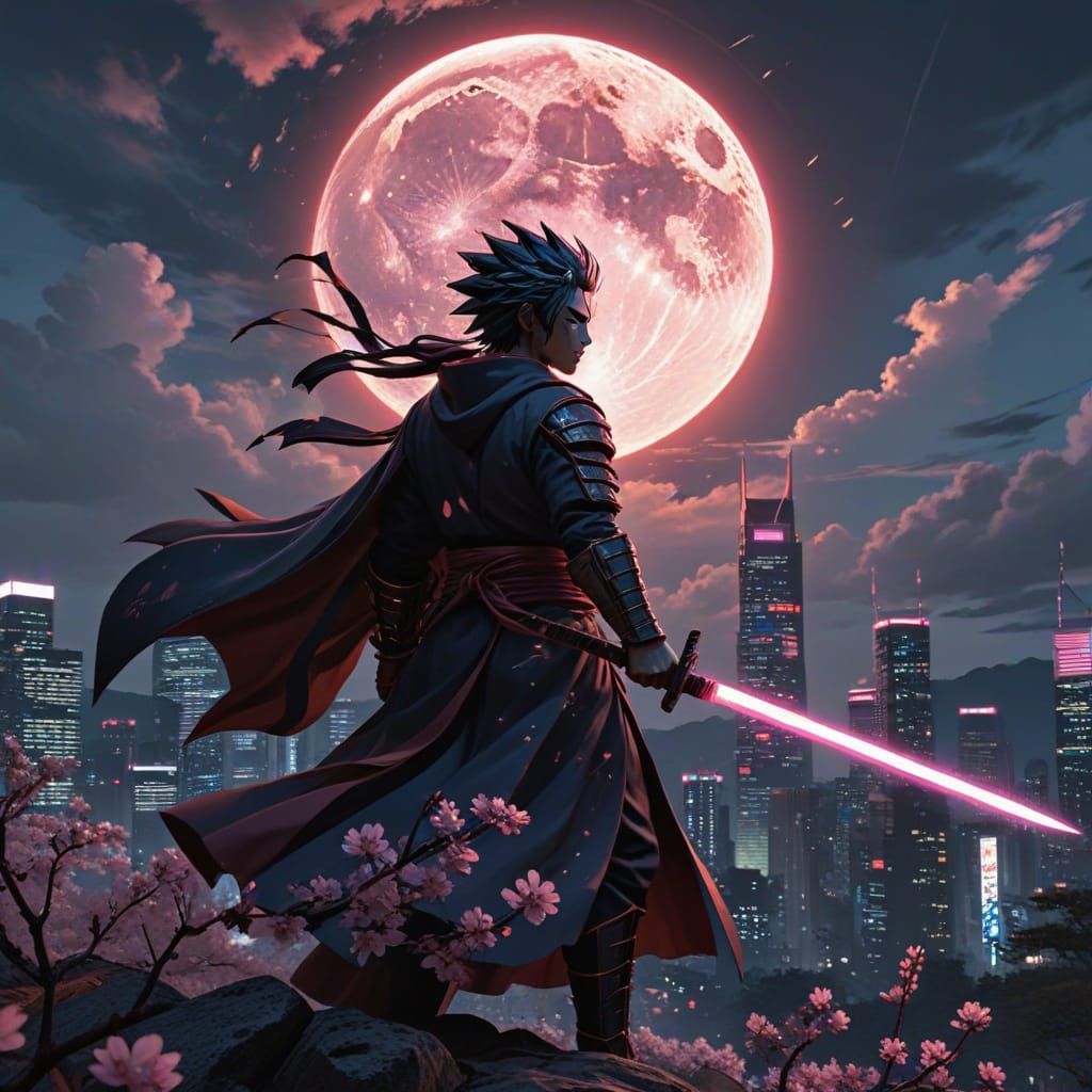 "A breathtaking scene capturing the essence of ultimate anime — a lone hero with spiky hair and a torn cloak standing at...