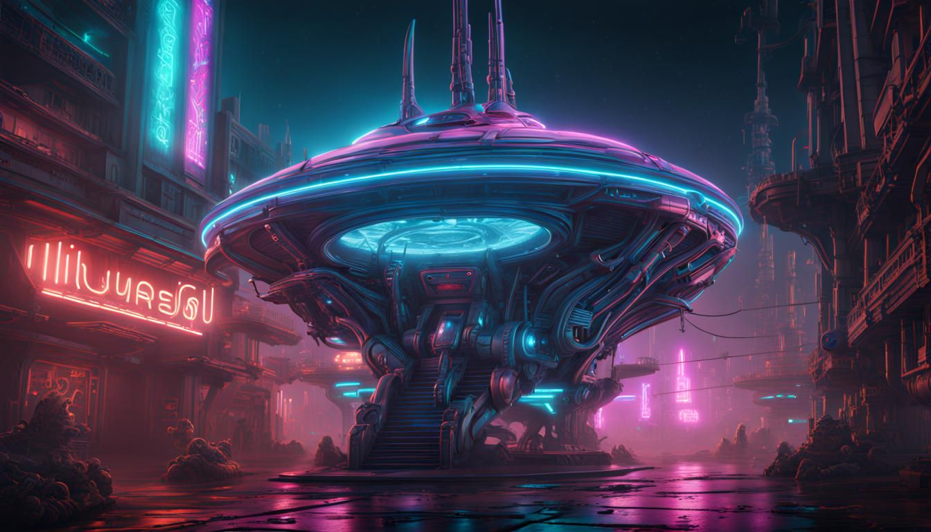  alien spaceship bipunk, biomechanical, bioluminicent neon g...