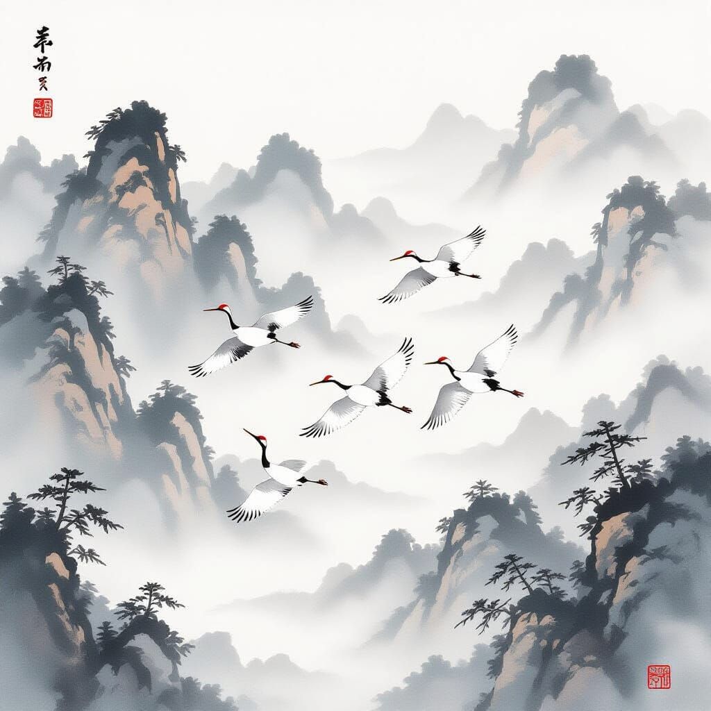 Cranes in flight rendered in traditional Chinese ink and watercolor (sumi-e) style: minimal brushstrokes, delicate mist gradients, distant m...