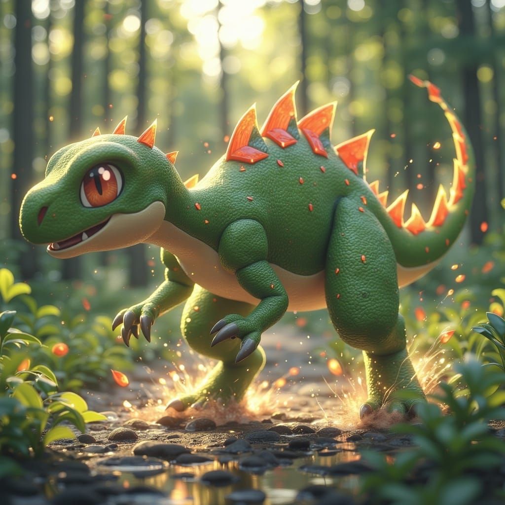 <lora:Fantasy Creatures:1.0> A Grass/Ground-type dinosaur Pokémon causing tremors with each step, in the style of cartoon realism, disney a...
