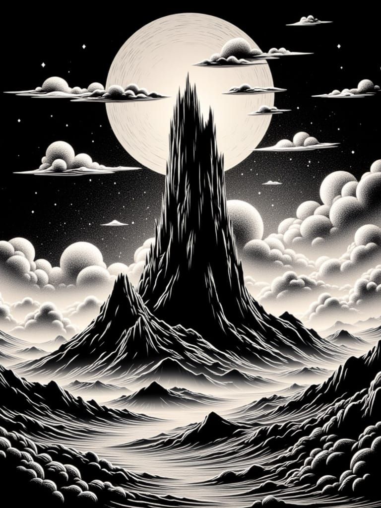 <lora:Blacklit Flux:1.0> a black monolith, fluffy comic-style clouds floating on it, desert planet, depth effect, a masterpiece in retro fut...