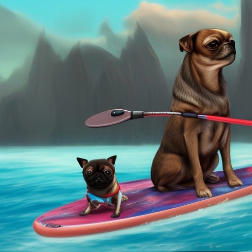 Chihuahua pug mix on a paddle board