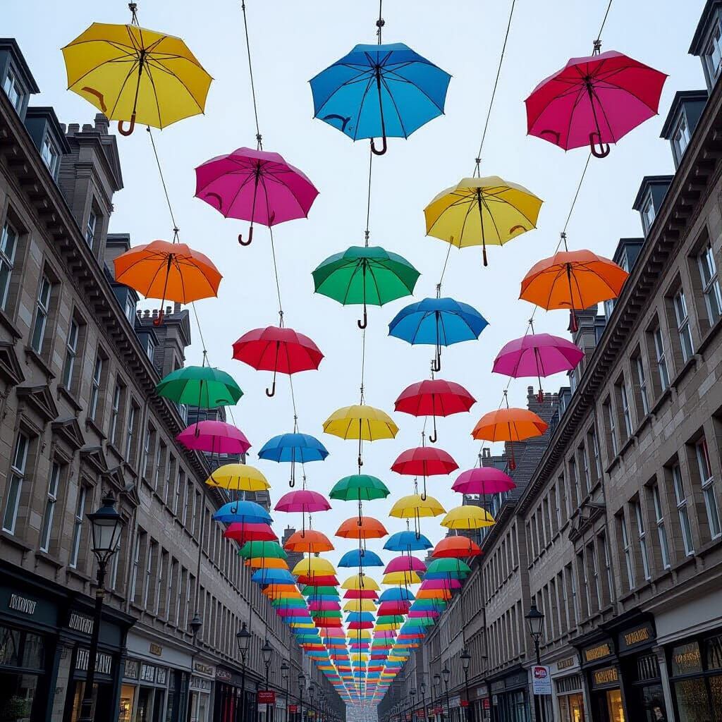 Colorful Umbrellas Fill Sky Above Grey City