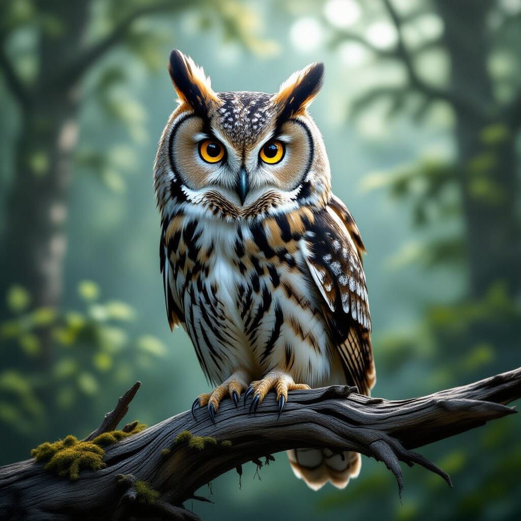A hyperrealistic portrait of a wise old owl perched on a weathered branch in a misty forest. The owl's ...  by @Autosmagic