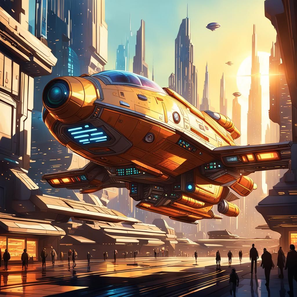 Spaceship Landing on Coruscant in Comic Book Style