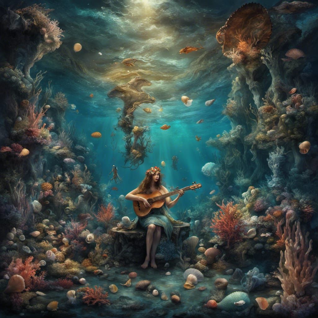 n underwater concert where mermaid musicians play instrument...