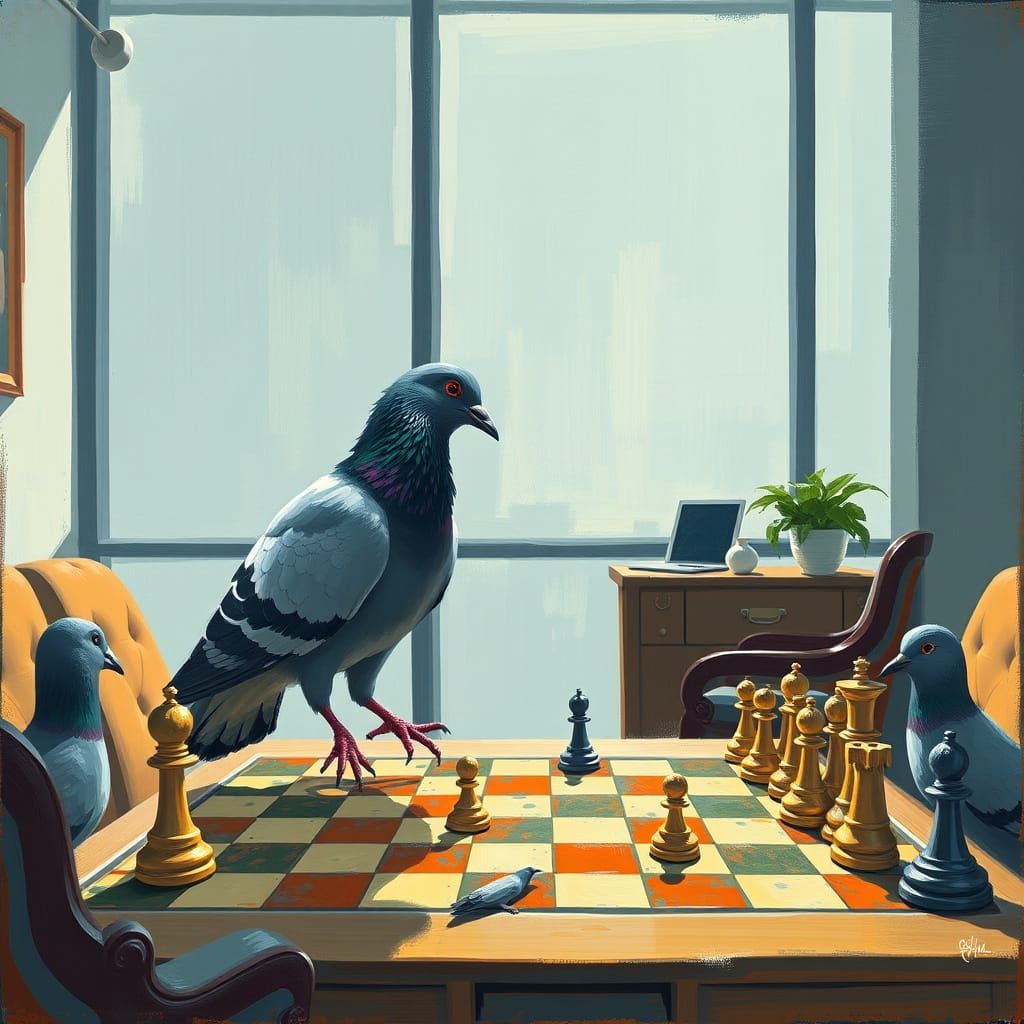 Chess with Pigeon: Absurd Impressionist Office Game