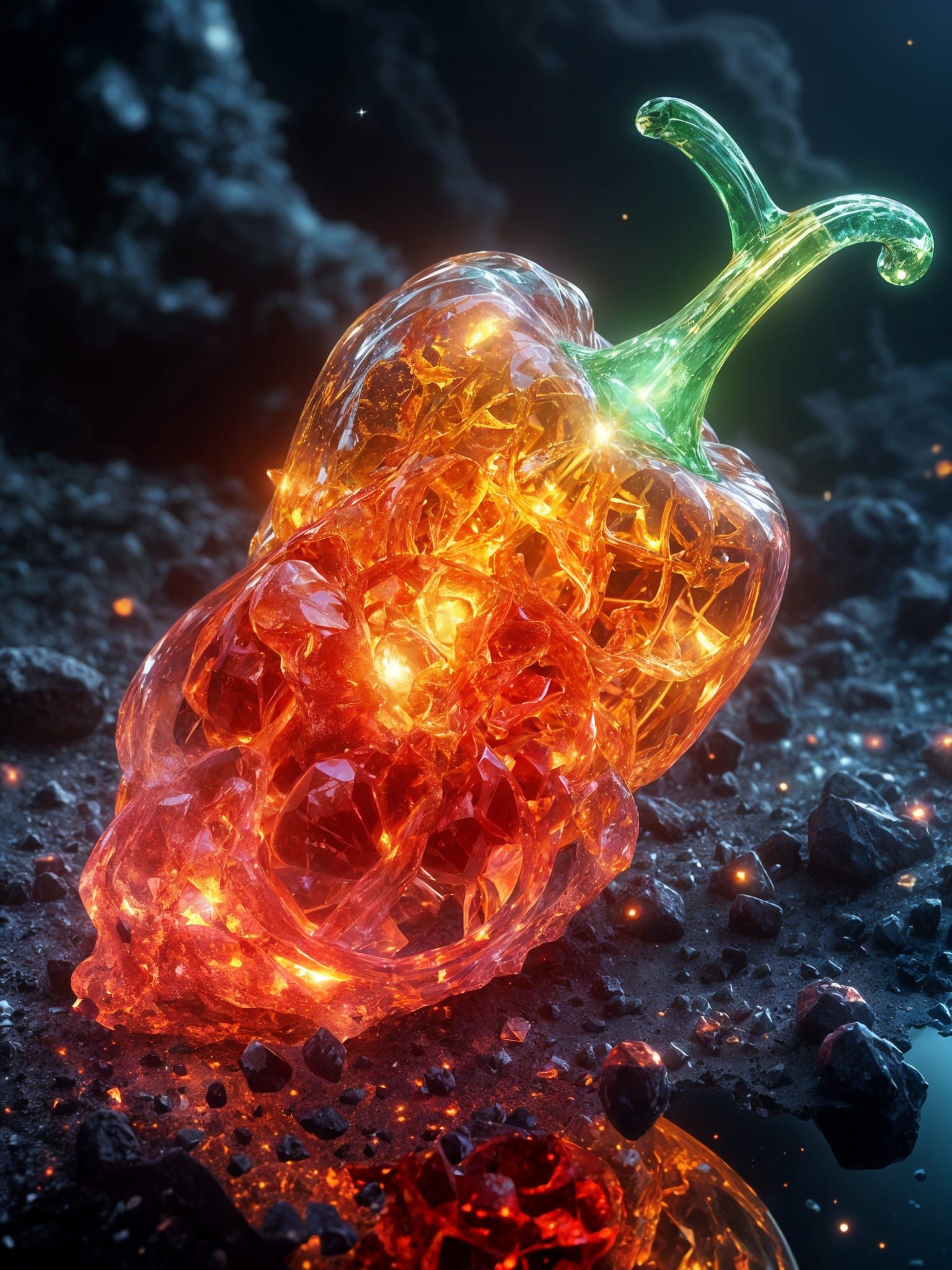 Melting glass hot pepper. Test : add Hyperreal LoRA to Space Gems
