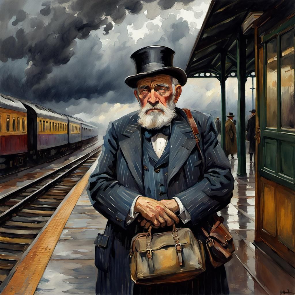 Old gentleman waiting at a train station  by @Cute dog