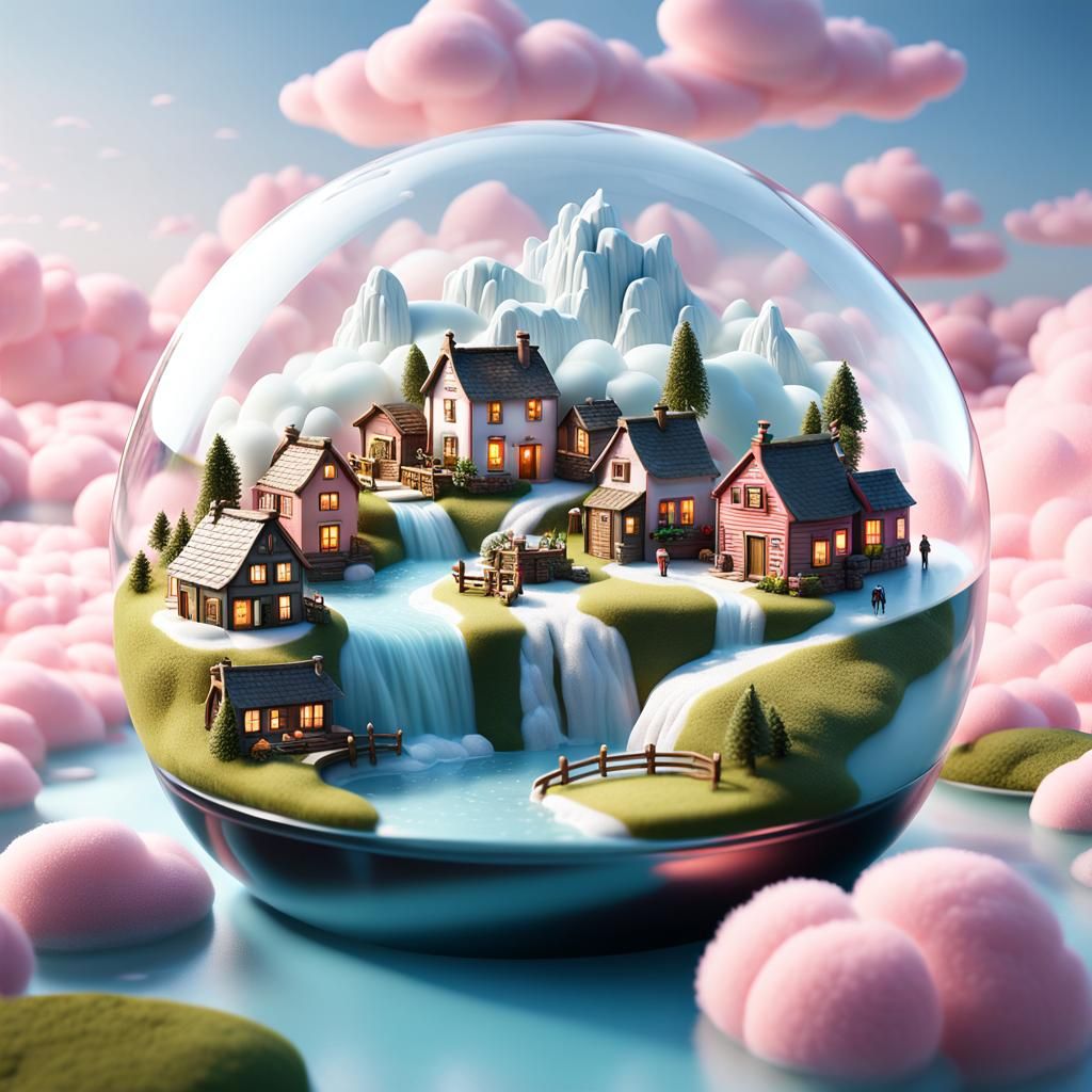 Miniature Soap Bubble Village in Pink Clouds