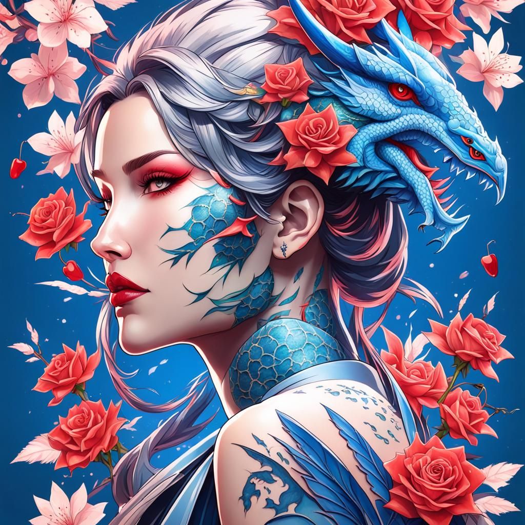 Red rose (full back tattoo with (cherry blossoms, hummingbir...