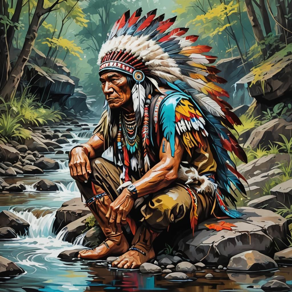 great indian chief sitting by stream with wolf