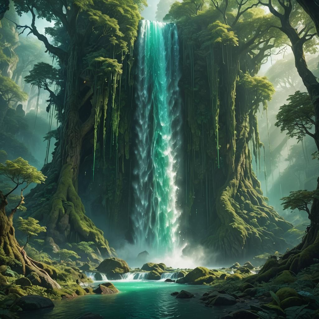 Magical Waterfall in Mystical Forest: Fantasy Concept Art