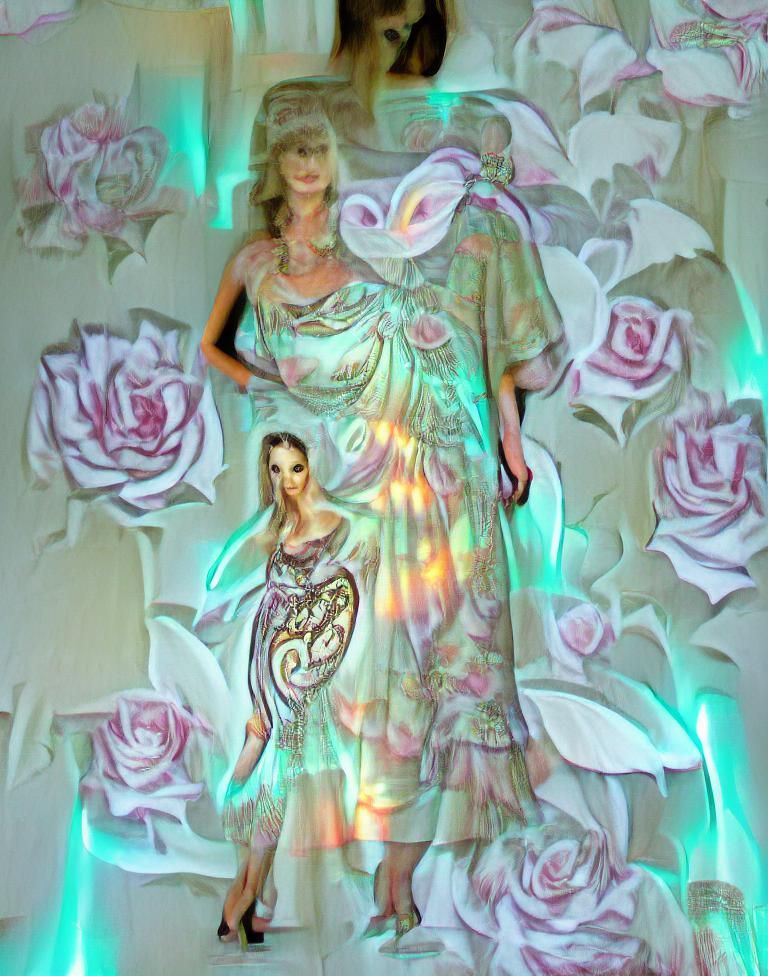 Roses and lillies light projection onto angel, angel wearing...